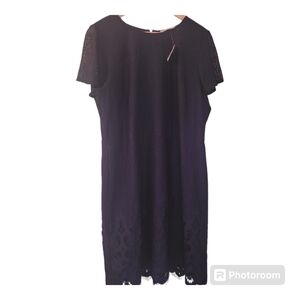 LOFT Lace Sheath Dress Womens 16 Navy Eyelet Short Sleeve Flutter Knee Length